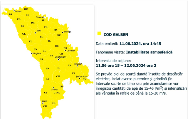 ATENȚIE: Cod Galben de instabilitate atmosferică pentru 11-12 iunie 2024. Se prevăd ploi de scurtă durată, cu descărcări electrice 